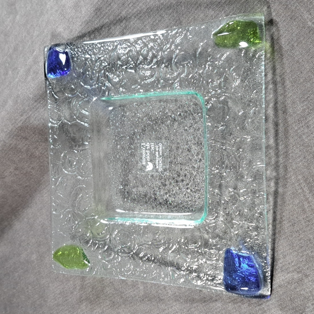 L'oiseau de bois Square Textured Fused Glass Dish Blue Green Accents NWOT